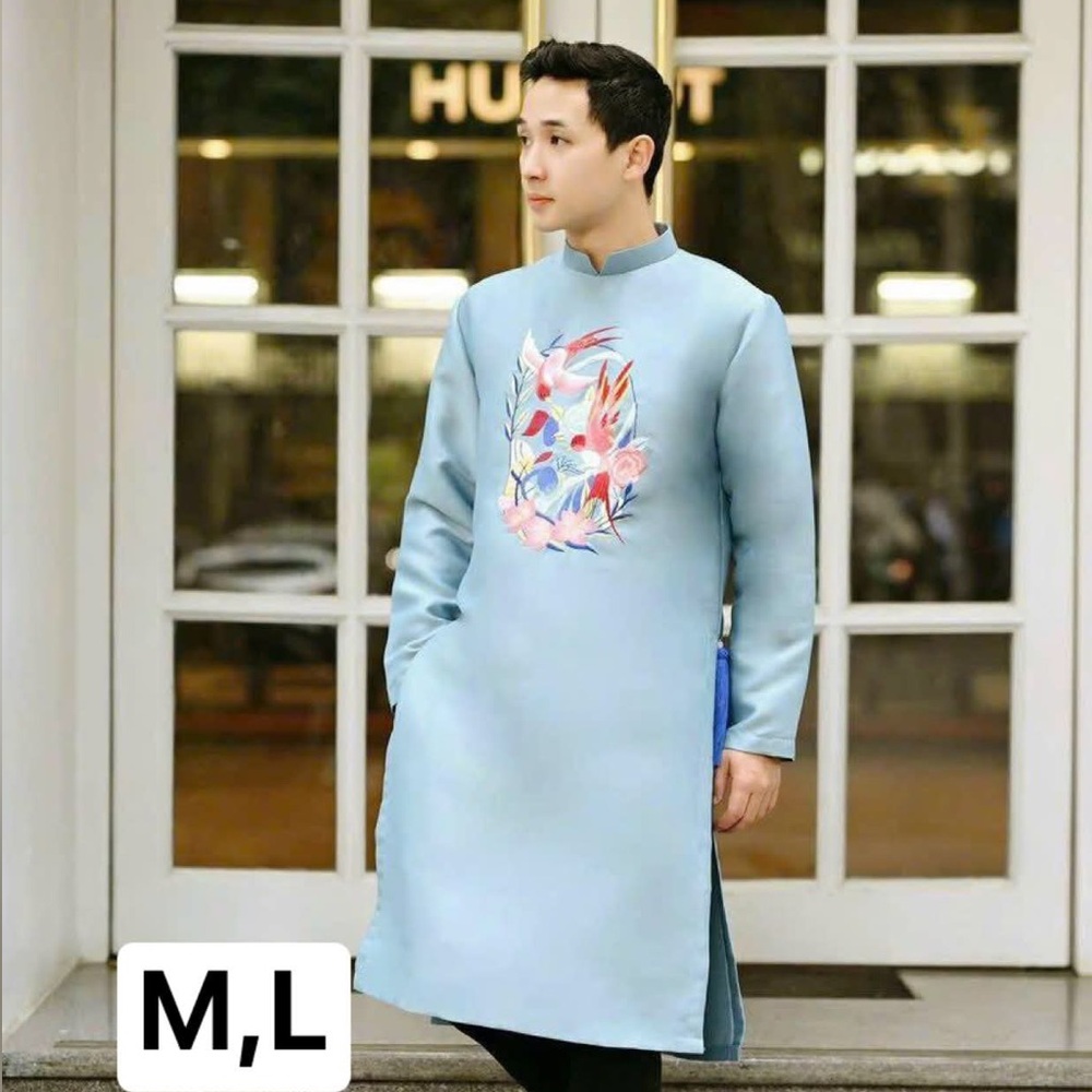 ao dai gam nam theu men, Vietnamese men’s modern contemporary long dress top l m